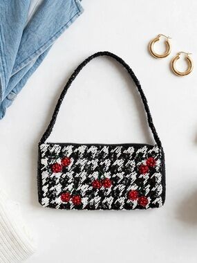 Beaded Houndstooth Cherry Shoulder Bag - Black/White/Red